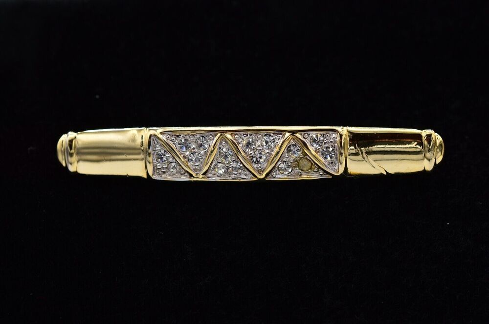 Vintage Rhinestone Pin Brooch Gold Bar Rhinestone Crystal Statement 1980s BinAC